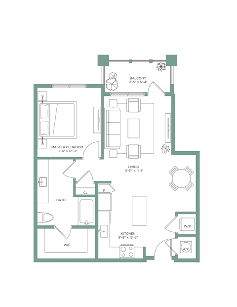 Floor plan for 1 bed, 1 bath, 819 sqft